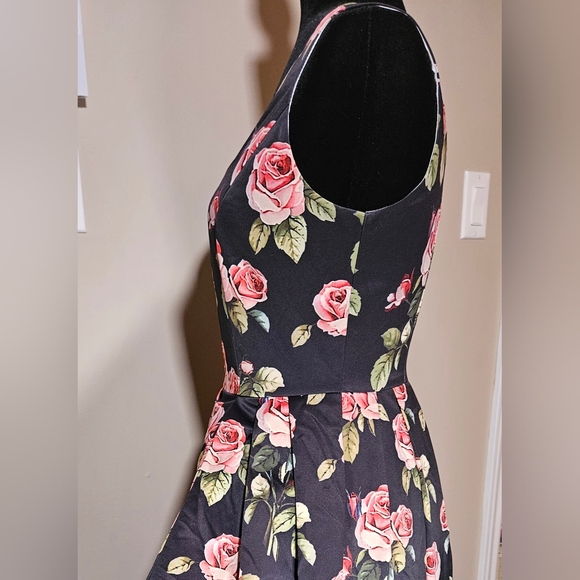 1861 boutique satin roses black pink floral retro 50's 60's dress with pockets - Picture 3 of 9